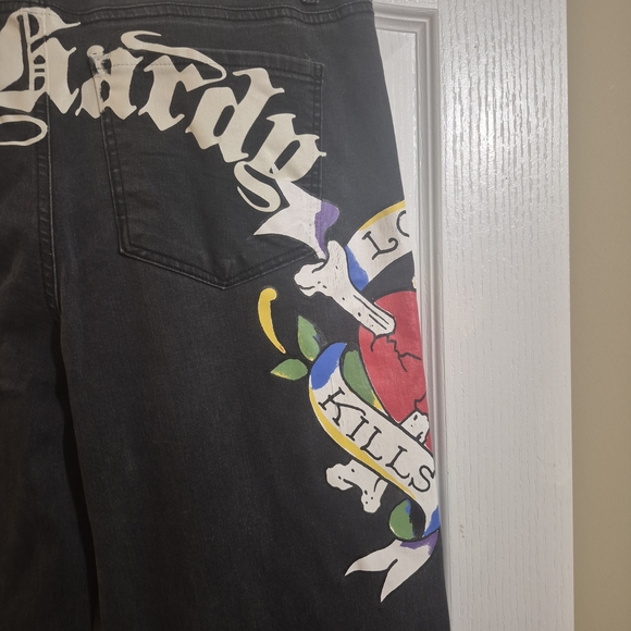 Ed Hardy Black WIDE Straight Leg Jeans with Heart Graphic 34 X 30 - Picture 11 of 11